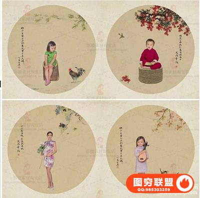 中国风工笔画PSD素材儿童样片模板婚纱写真古装山水墨素材