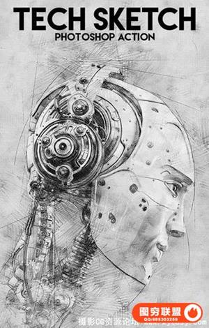 科技感素描手绘PS动作 Tech Sketch Photoshop Action(附教程)