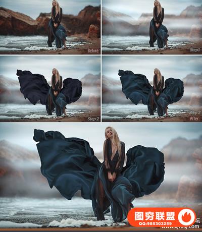 44款影楼婚纱大片蓝黑色丝绸裙摆拖尾婚纱飘纱PNG合成素材