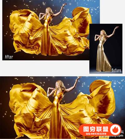 44款影楼婚纱大片金色绸缎丝绸裙摆拖尾婚纱飘纱PNG合成素材