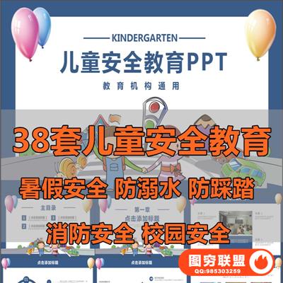 小学幼儿园儿童安全教育PPT模板校园防溺水踩踏暑假交通班会课件