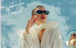 水彩画PSD模板|智能对象模板，照片转水彩画效果