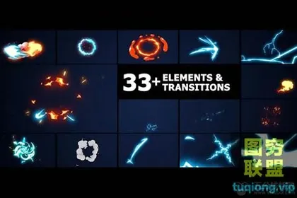 [达芬奇模板]33个动漫卡通能量电流火焰MG动画和转场 Elements And