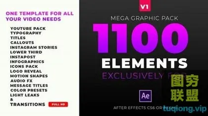 [AE模板]1010个转场字幕条标题图形呼出线条边栏LOGO排版设计包装Mega