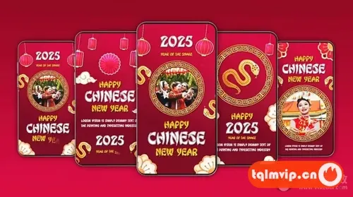 [AE模板]中国农历蛇年2025新年快乐红色喜庆竖屏封面海报动画