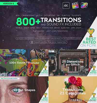 FCPX插件：800组4K视频转场调色预设文字标题音效素材v6