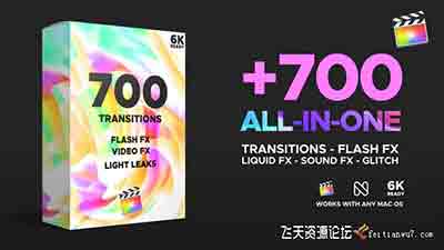 FCPX插件:700+ Transitions专业无缝过渡视频转场预设包音效素材