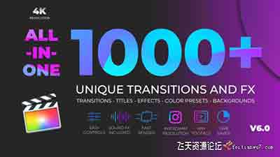 FCPX插件-1000个拉伸旋转缩放图形水墨光效VHS故障分割转场 V6