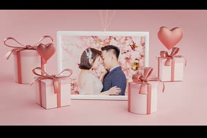 粉红色3D礼物盒场景心型气球吊着相框情人节视频片头AE模板设计素材_相册ae模板