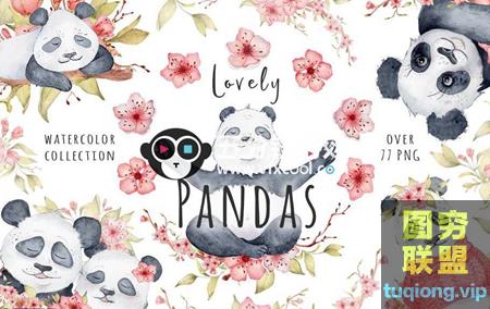 [剪贴素材]  可爱的熊猫和樱花水彩画剪贴素材！@14497