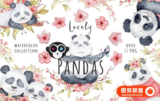 [剪贴素材]  可爱的熊猫和樱花水彩画剪贴素材！@14497
