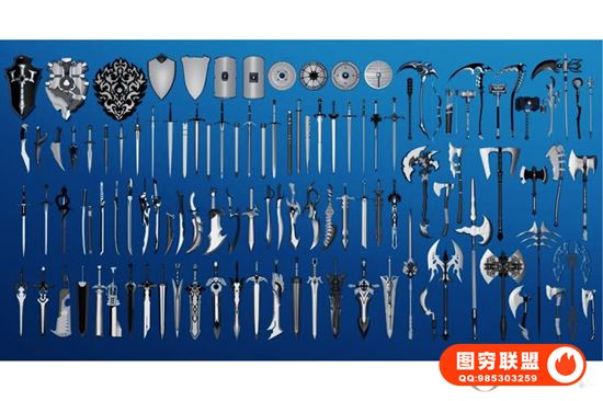 [3D模型]Blender模型 冷兵器武器剑盾牌茅箭砍刀斧子资产三维模型合集100+ Fan@38422