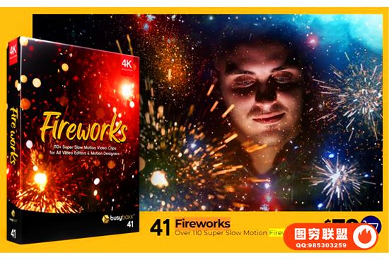 [视频素材]4K视频素材 115个烟花火星粒子飞溅特效合成动画Fireworks@37487