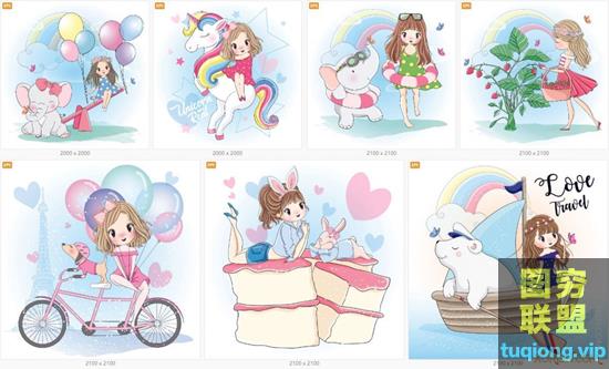 7P可爱的女孩画与动物矢量插画Cute girl painted design with animals