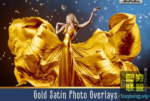 44P 金丝布料飘纱PNG透明背景照片叠加素材Gold Satin Photo Overlays