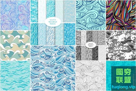 25张日式和风浮世绘纹理海洋波浪无缝背景包装图案矢量素材