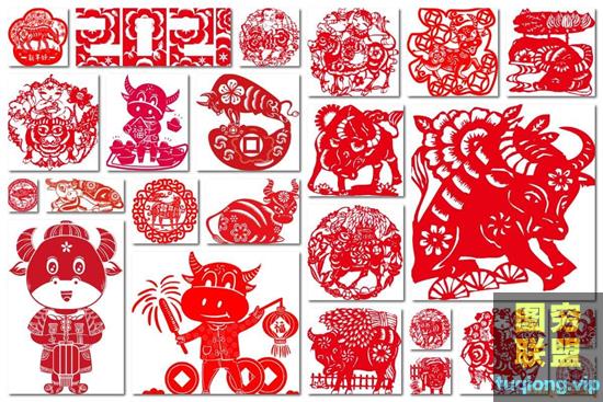 24款2021牛年中国红新年春节喜庆剪纸插画矢量素材