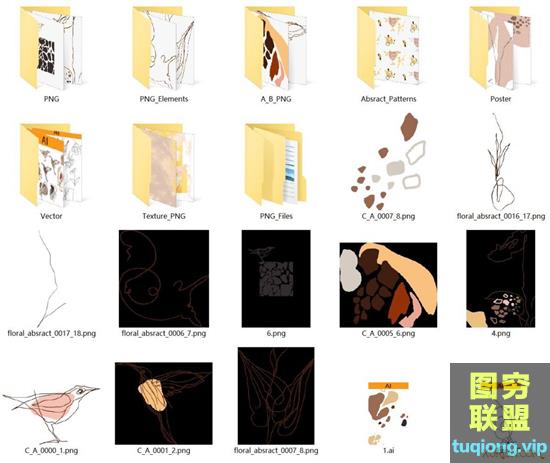 ins风抽象花鸟植物简笔画PNGAI画芯装饰海报平面设计印刷素材