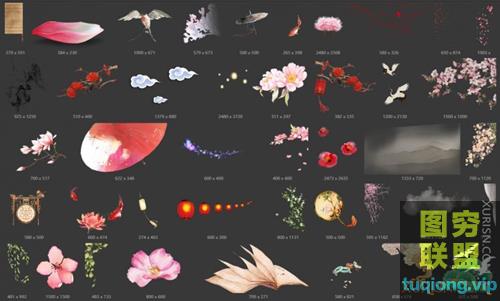 120P 古风仙侠桃花桃树蝴蝶伞云灯笼PNG免抠图片PSD后期素材