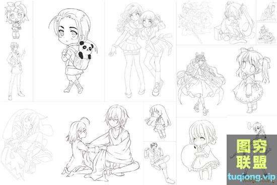 1090张动漫人物线稿线描上色练习参考插画原画