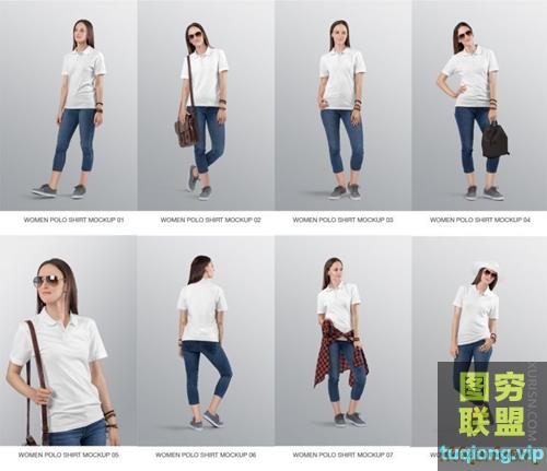 8P 女性Polo T恤样机模型套装Womens Polo T-Shirt Mockup Set