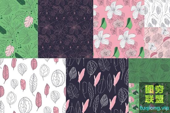 9款热带植物手绘图案纹样无缝贴图背景矢量图片素材