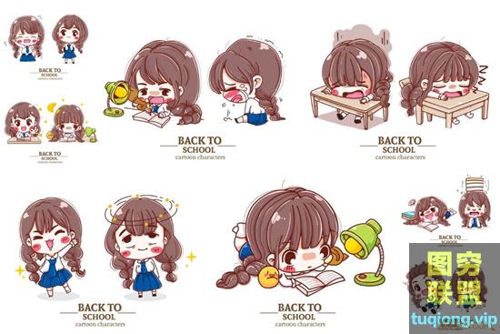 8P动漫卡通学校制服女孩返校标识矢量EPS图集