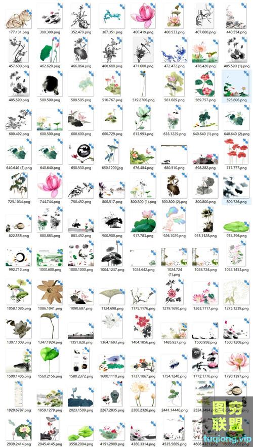 中国风水墨合成PNG透明素材 鱼/龙/马/荷花/竹子等