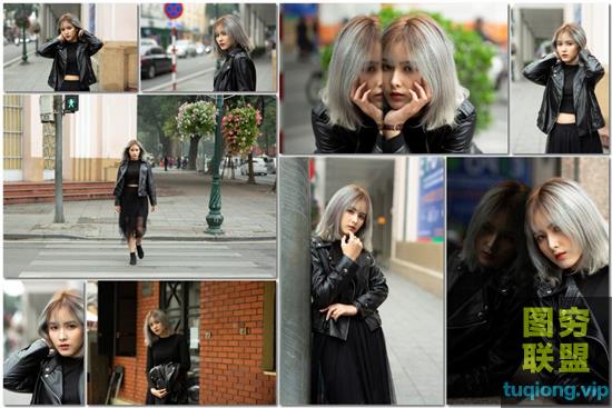 9张酷酷少女黑色皮衣街拍写真RAW原图CR2原片