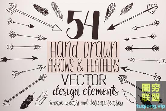 54个手绘羽毛和箭头花环等设计元素矢量图形素材集合