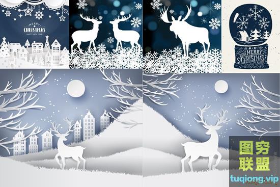 11款创意剪纸麋鹿圣诞节植物海报冬天冬季新年AI矢量素材