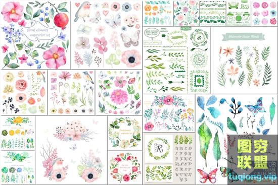 20P水彩花鸟蝴蝶树叶等元素矢量素材集