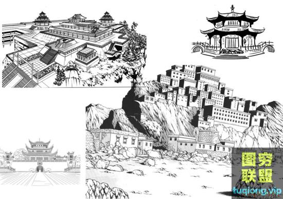 57款古建筑中国风城市线稿 PS笔刷+procreate笔刷