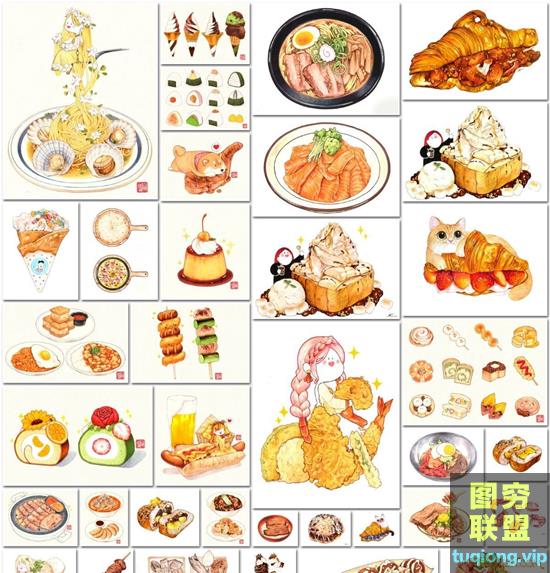 122P 韩国美食寿司 甜点 菜品 水彩插画手绘临摹素材