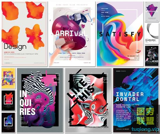 25款国外大师抽象炫酷黑白渐变元素时尚创意海报PSD模板