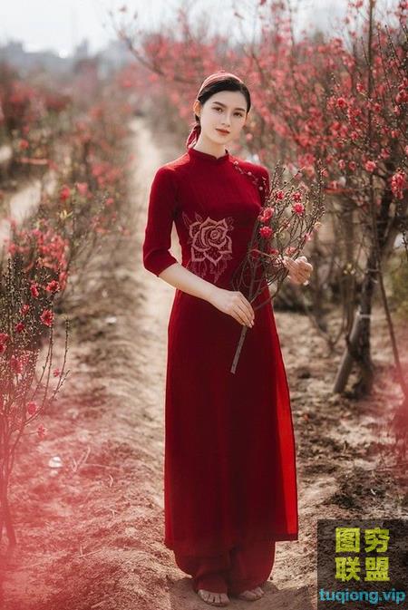 24张红色奥黛美女桃花园拍摄写真RAW原图NEF原片