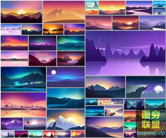 50款高清风景2.5D植物山脉山水装饰画湖山远景卡通插画PSD...