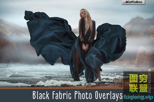 44P 黑色布料飘纱PNG透明背景照片叠加素材Black Fabric Photo Ove...