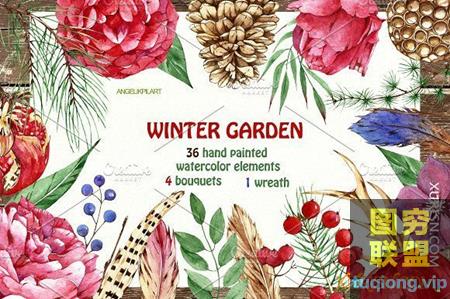 36组鲜艳细致花枝叶水彩剪纸元素高清PNG图片素材