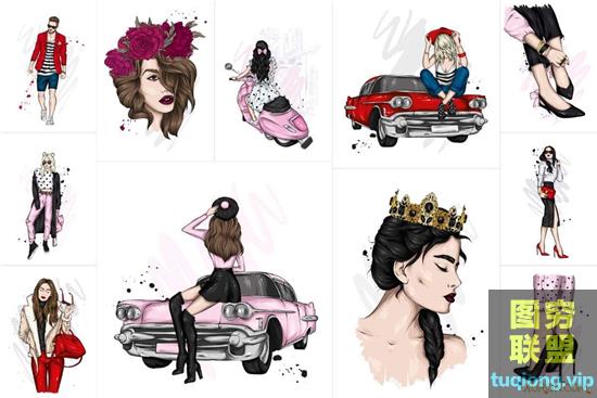 11P 穿着时髦服饰的漂亮女孩搭配时尚配饰 矢量插画集