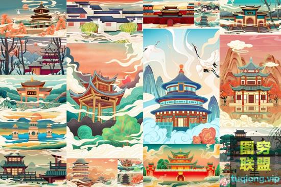 35款古建筑中国风国潮城市海报插画扁平风PSD模板设计素材