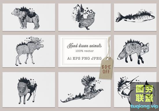 10款艺术矢量手绘动物图形集Bundle Artistic Vector Hand Drawn Animal