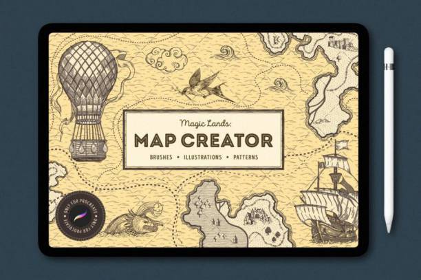 Procreate笔刷-动植物建筑航海路线图地图元素笔刷素材