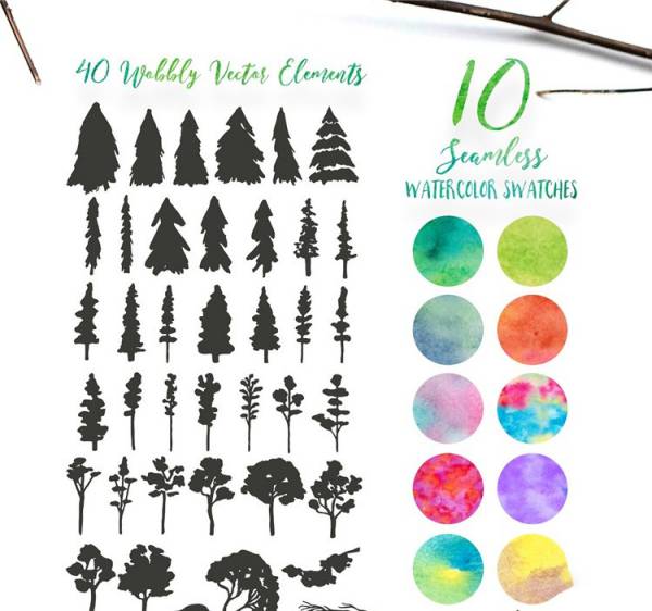 PS笔刷-水彩树木松树笔刷设计素材