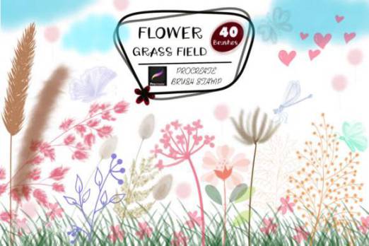 Procreate笔刷-田间野草花朵爱心蝴蝶云朵图案印章笔刷素材