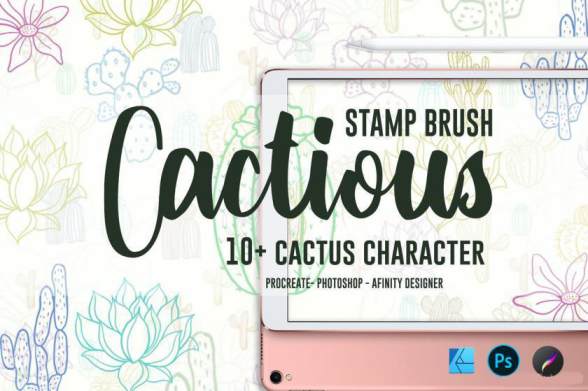 Procreate笔刷-笔刷资源-仙人掌植物简笔画图案procreate/ps/afinity designer笔刷素材