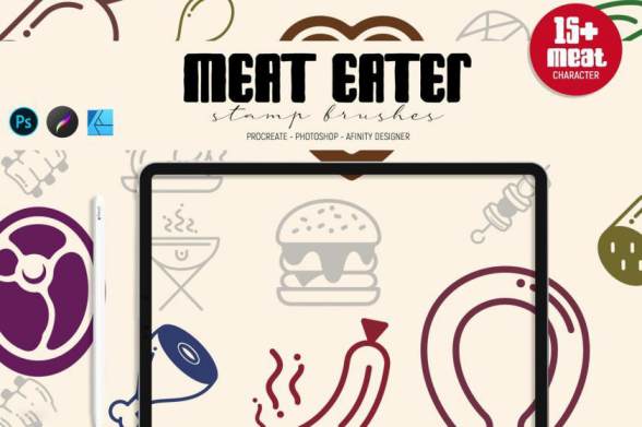Procreate笔刷-笔刷资源-肉类食物简笔画图案procreate/ps/afinity designer笔刷素材