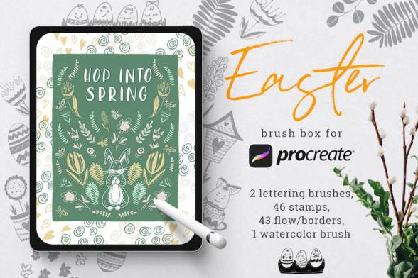 Procreate笔刷-复活节主题印章和水彩花卉笔刷素材资源