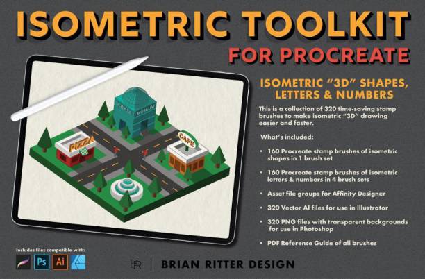 Procreate笔刷-320款等距线性立体几何图形图案笔刷素材
