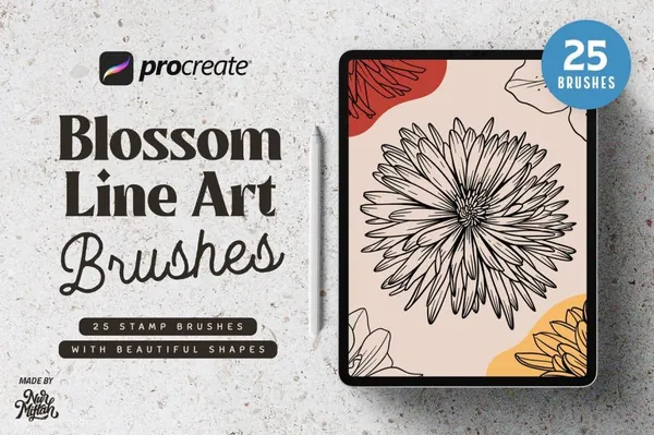 Procreate资源-黑白手绘线条风格花朵图案笔刷素材资源